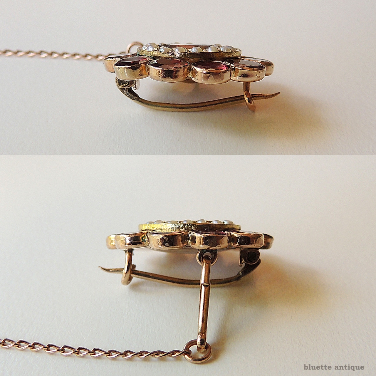 アンティークジュエリー ジョージアン 9ctゴールド 天然アルマンディンガーネット 真珠 レースピン ブローチ(鑑別書付)