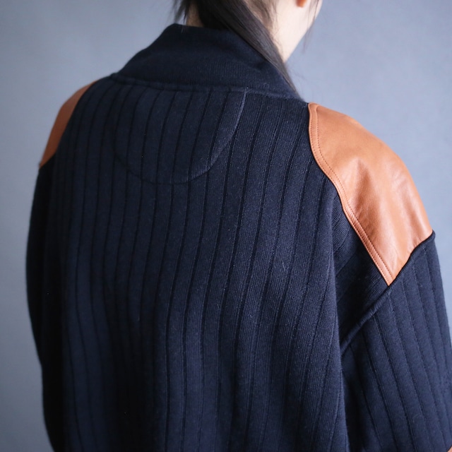 shoulder and elbow leather patchwork design half-zip pullover