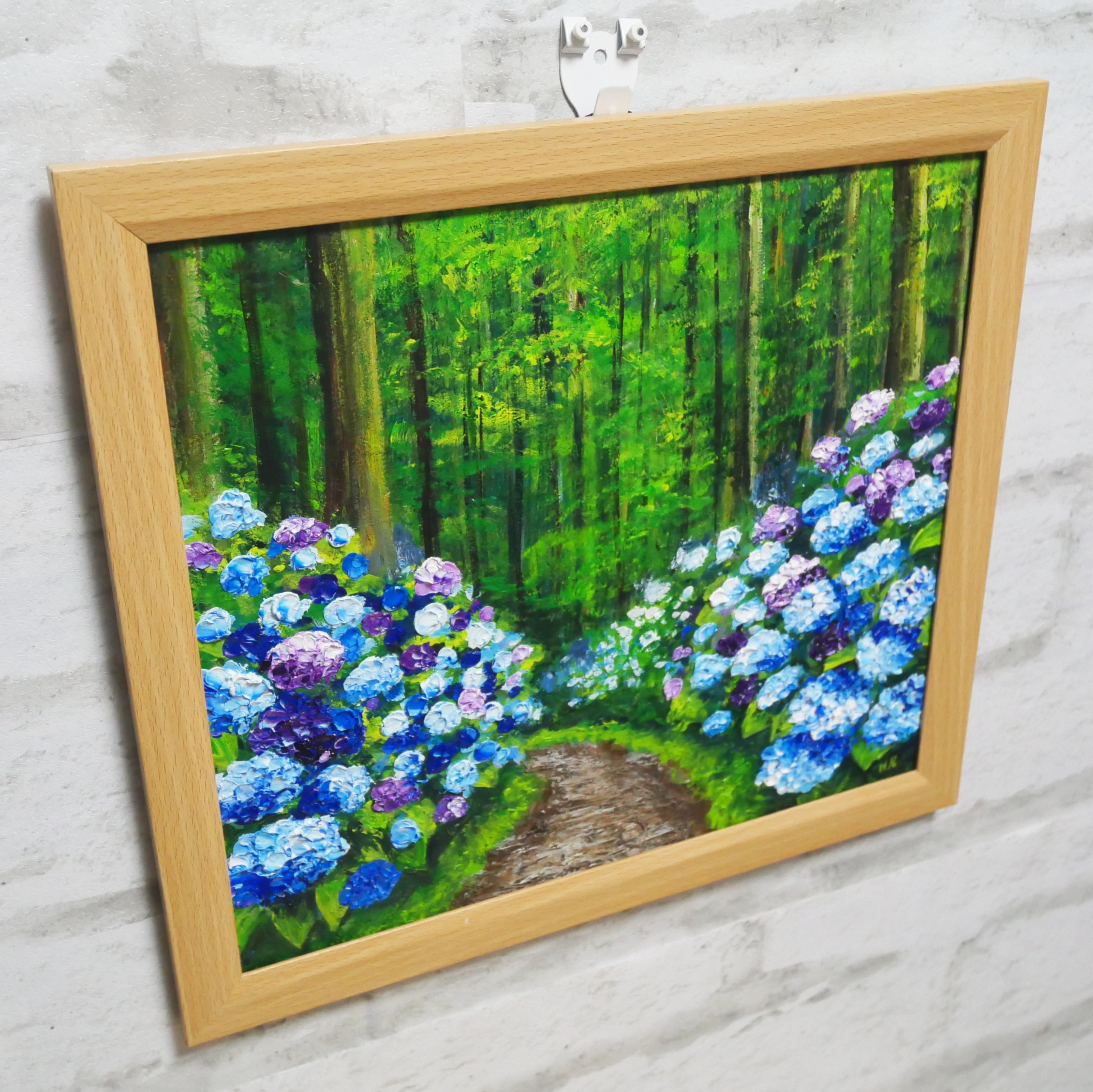 油絵 油彩 油彩画 絵画 絵 【梅雨に咲くピンクの紫陽花