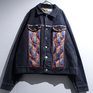 90s "RUSTLER" Black Denim Native Paint Design Trucker Jacket