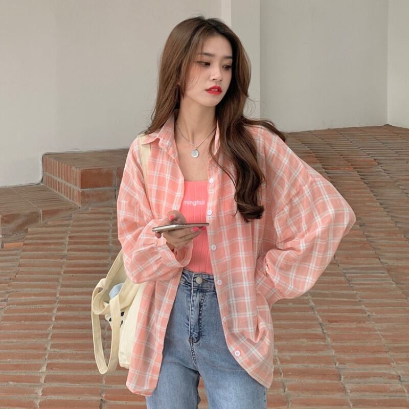 スプリングオータム薄手シャツ 格子柄トップス レディース ロング 春物 秋物 YY-ファッション26648372473