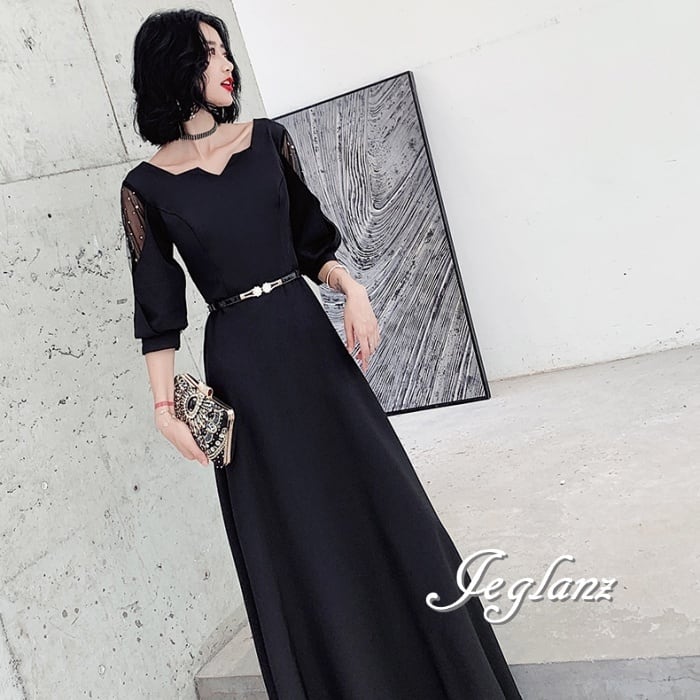 パーティ イブニングドレス ボリューム袖 パール付き 7分袖 大人シック( M8397)ζ