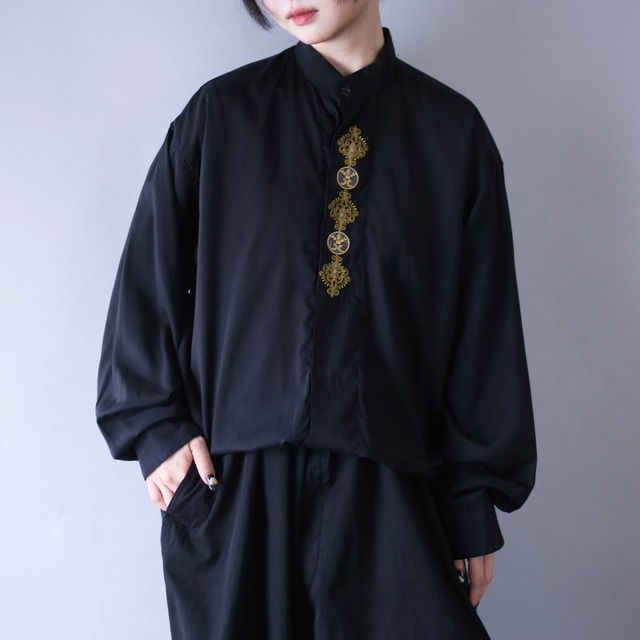 "刺繍" elegant design fry-front band-collar minimal mode shirt