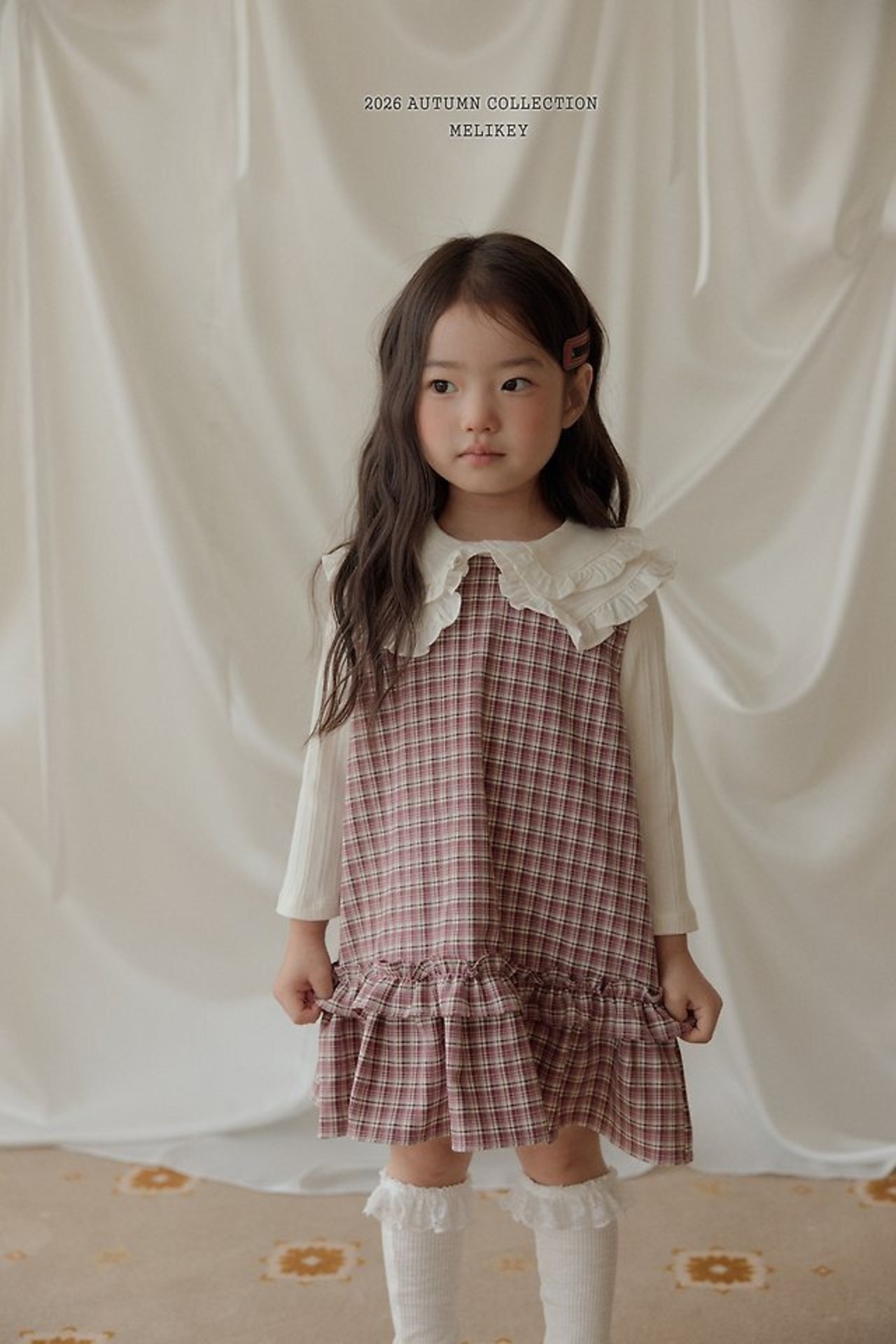 韓国子供服 / 26Autumn / 〖取寄〗Melikey / チェックフリルワンピース / 女子服 *XS~JM*