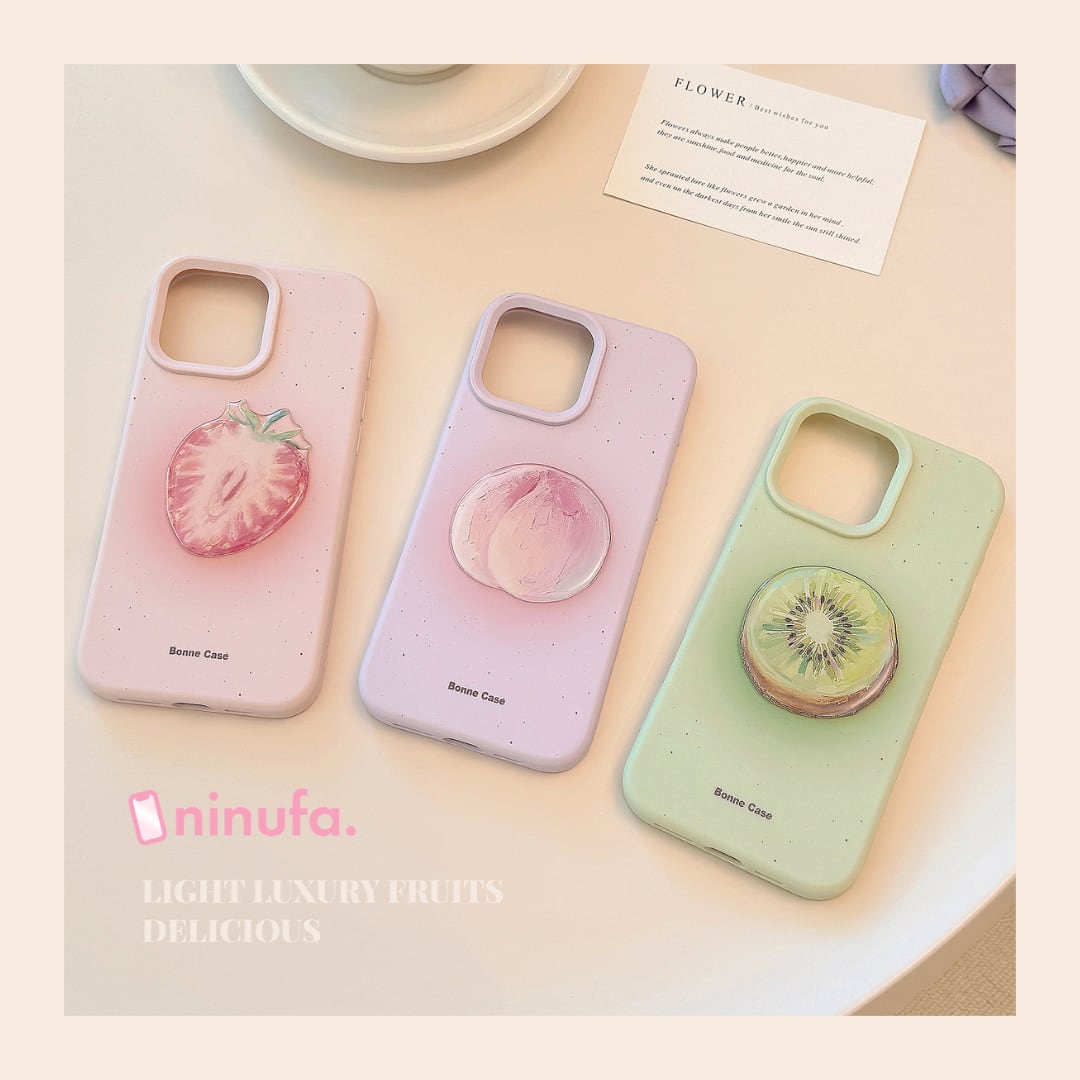 【iPhone17~11まで対応】もぎたて!ぷくぷくフルーツ◎かわいいデコ カラーケース 立体シール 果物 スマホケース ND-16707