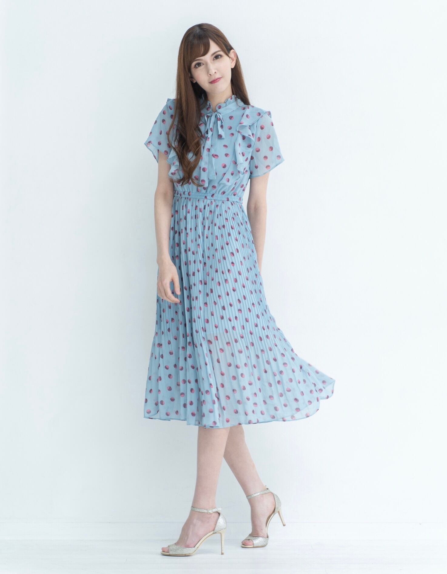 フリルネック Aライン シフォンワンピース ドット柄 ガーリー ガーリー ♡ ドット柄シフォンワンピース(ブルー)◉ | elfriede