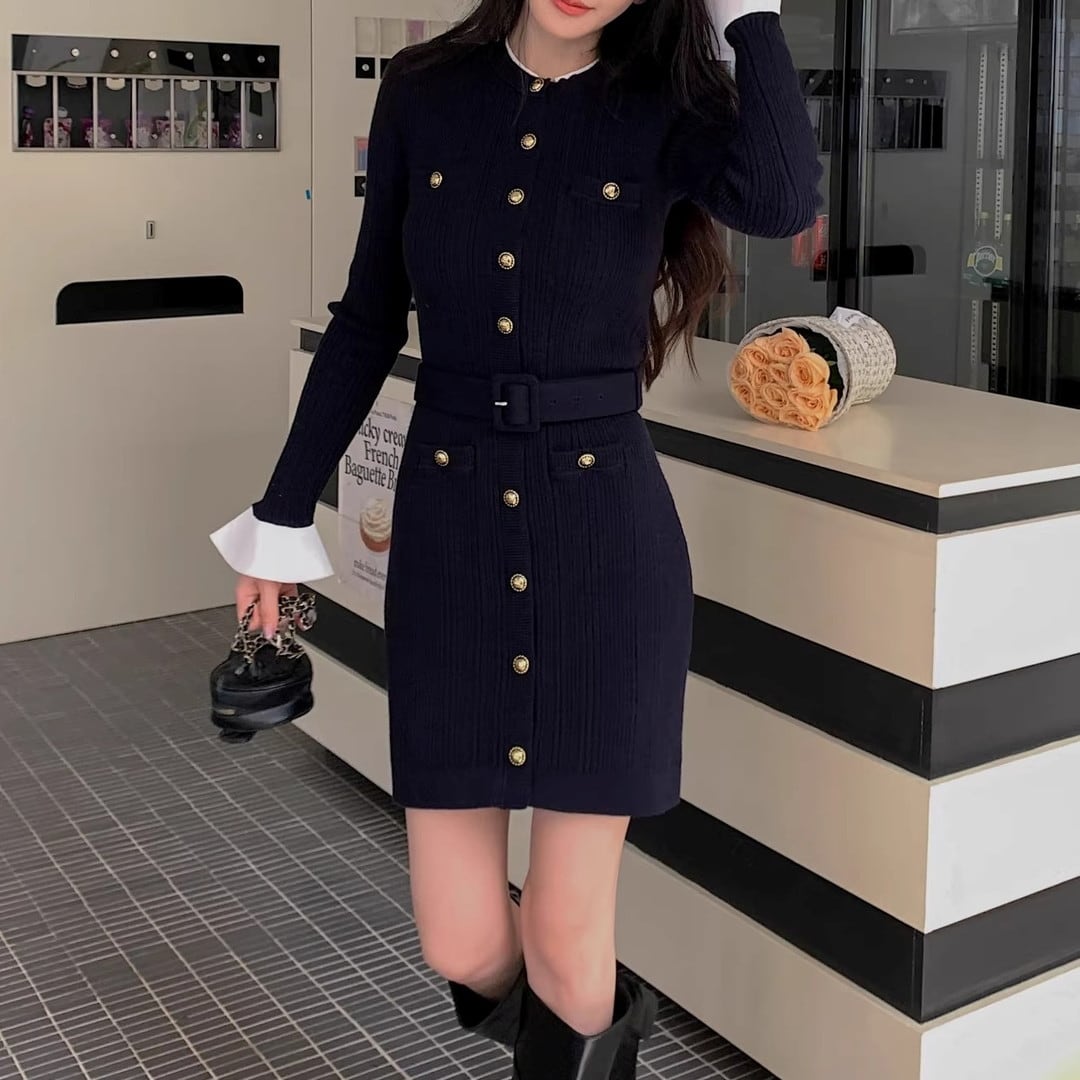 Long-sleeve Belted Mini Knit Dress V3193