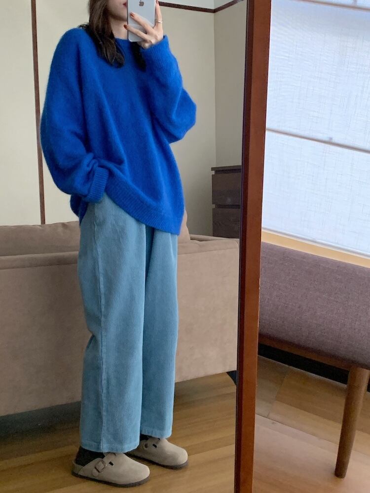 ホワイトラウンドネックソリッド カラーブルーセーター ルーズパンツ ハイウェストセット Oネック ソリッドカラー ビッグFスモールZ韓国62445174648