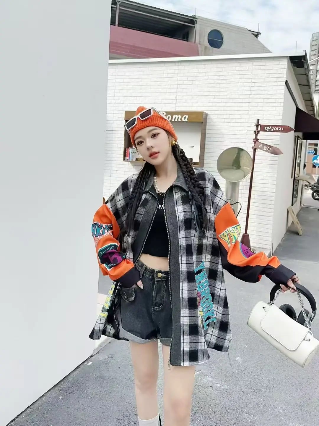 リメイク風 チェック柄 ジップアップ シャツ 長袖 ワッペン ロゴ 韓国