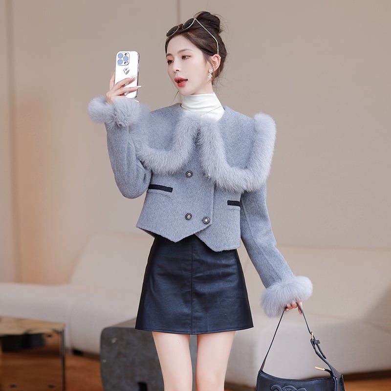 Mサイズ国内即納】フォックスファーカラー ダブルボタン ウール