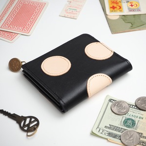 L-shaped zipper wallet (polka dot patchwork / black) genuine leather compact