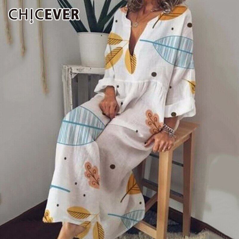 CHICEVERプリントヒットカラードレスレディースVネック長袖プラスサイズシャーリングマキシサマードレス2020 ロング 大きめサイズ 夏物 6base599422113040