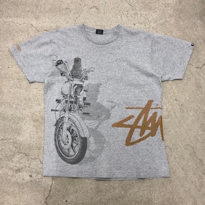 00s OLD STUSSY/CUSTOMADE/Bike print Tee/USA製/M/バイクプリントT/Tシャツ/ストックロゴ/グレー/カスタメイド/ステューシー/オールドステューシー