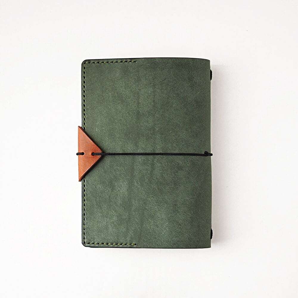 ノートカバー A6サイズ用【グリーン×ブラウン】ペンが挟める（受注生産