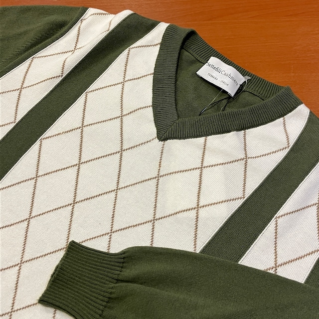 "未使用品" Settefili Cashmere COTTON ARGYLE V NECK KNIT《48》