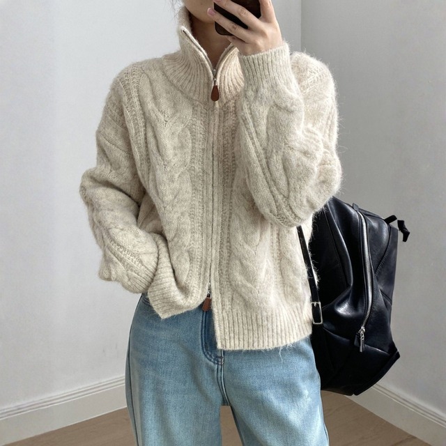 ダブルジッパー ハイネック ケーブルニット カーディガン ◆3color　204586