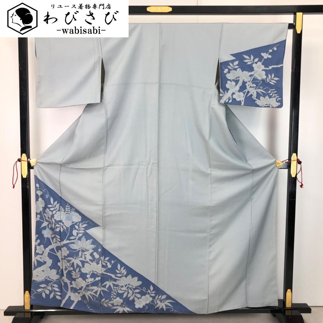 付下げ モダンな幾何学模様 刺繍 モノトーン 黒鼠色 しつけ糸 K 付下げ モダンな幾何学模様 刺繍 モノトーン 黒鼠色 しつけ糸 K