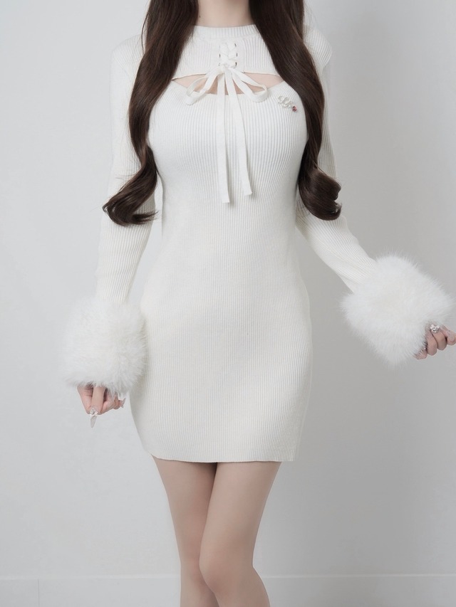 Lumignon original ♥ Fur cuff ribbon knit  onepiece【ホワイト】