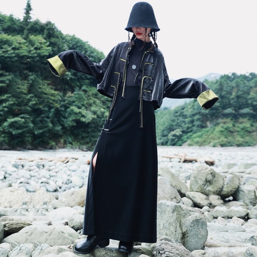 サブカル 服 地雷系 通販 チャイナ風服 大青龍肆 スカートチャイナ服 サイドスリット チャイナボタン ハイウエスト 細見え ロング丈 ストリート系