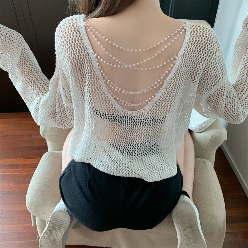 オータムパールチェーン バックニットブラウス トップス レディース ロング 秋物 真珠 ハンチェンe5698469545