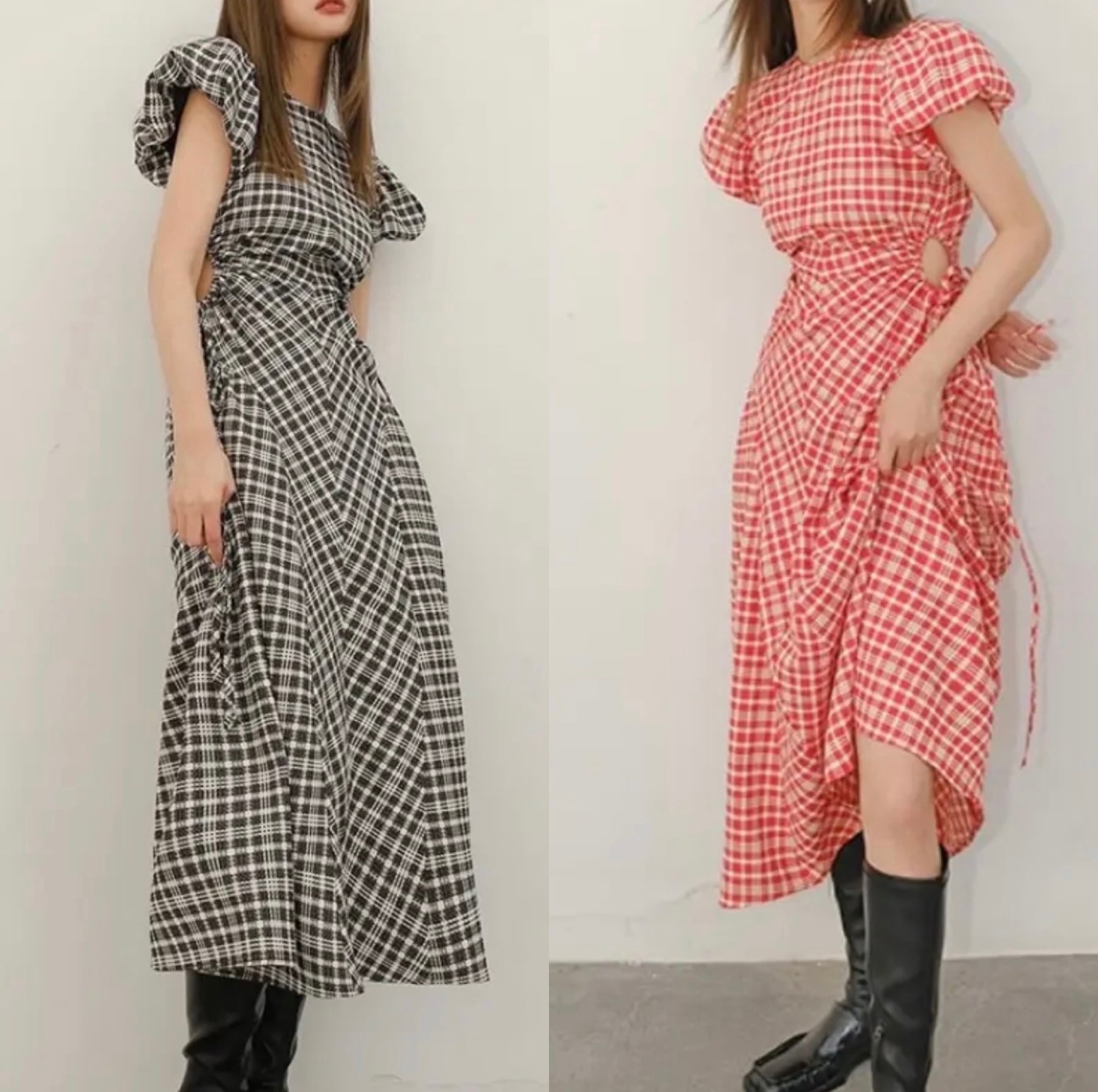 2color / パフスリーブチェックワンピース