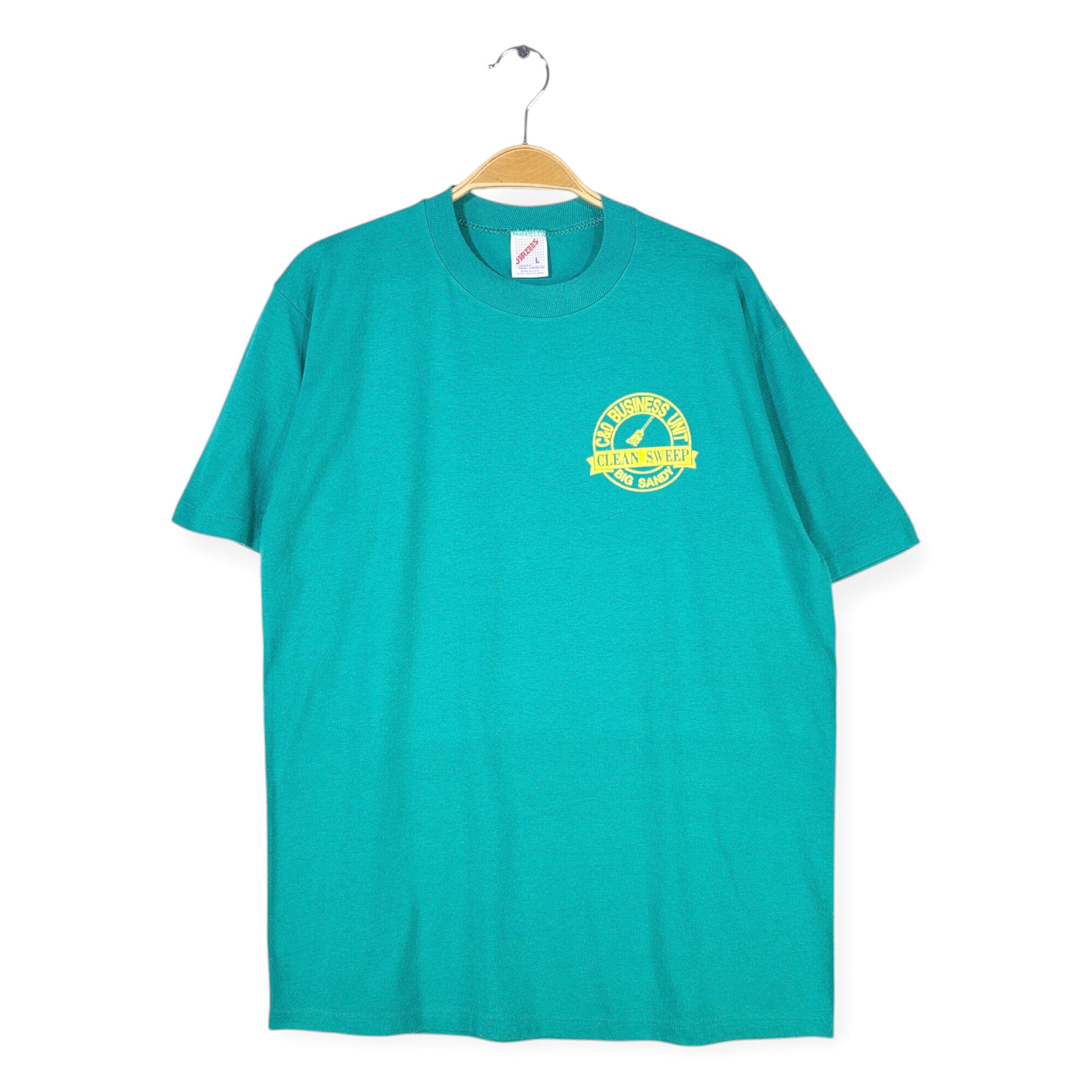 90s ジャージーズ USA製 ヴィンテージTシャツ 掃除屋 企業系 エメラルドグリーン シングルステッチ メンズL 古着 @BZ0465
