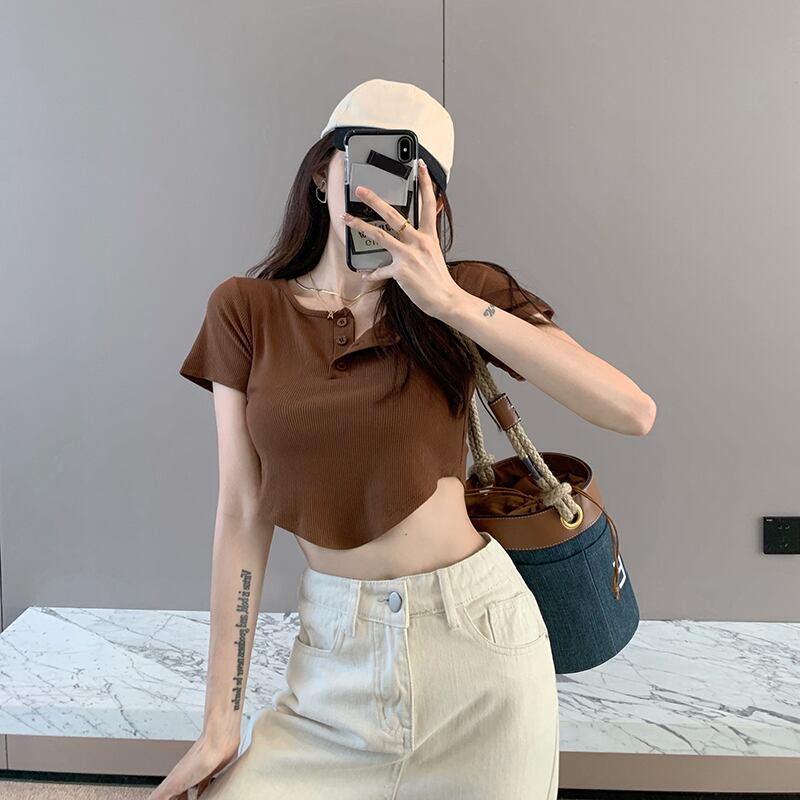 Tシャツ サマー薄手ハイウェストウェストショートスリムトップス 大人ガーリー スウィート キュート カジュアル 夏物 ヨーロピアン ブラックストロベリース23394512382