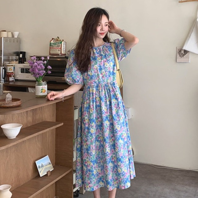 スタンダードスタイルフローラルラウンドネックプリーツハイウェストウェストスリムロングスリーブドレス レトロ 花柄 Oネック 韓国婦人16820390514