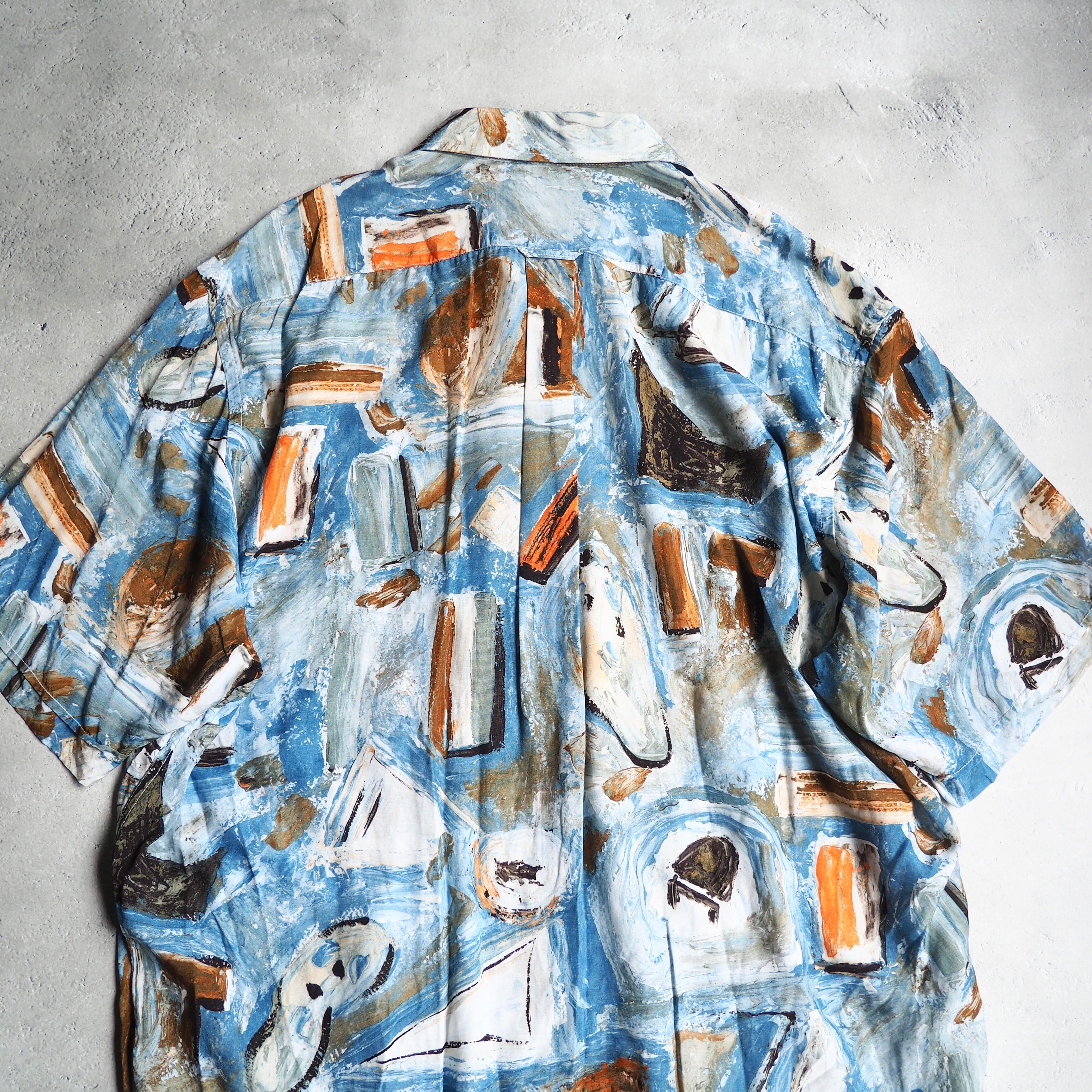 1970 - 80s Beautiful oil painted art vintage Drape loose SS rayon shirt