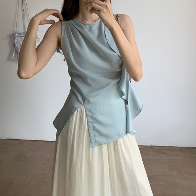 asymmetrical ruffle chiffon tie detail top(3color)＜t3074＞