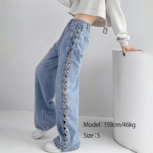 サイドレースアップ デニム パンツ レディース 韓国 ジーンズ 大人 カジュアル 肌見せ 美脚 おしゃれ 原宿系 ストリート ハイウエスト ブルー 大人可愛い 大人女子