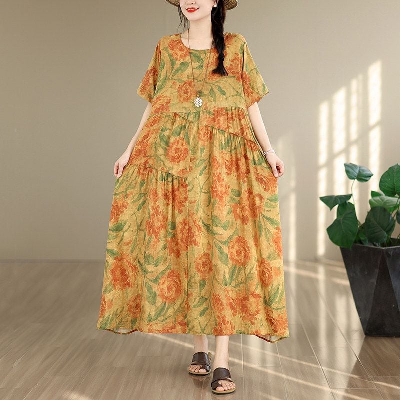 PRINT LINEN RELAXED SHORT SLEEVE LONG DRESS M-17994