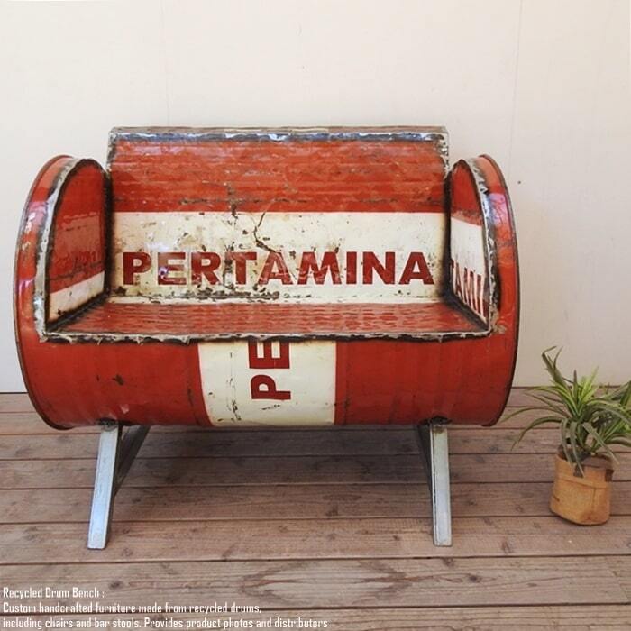 ドラム缶をリメイクしたベンチ 2P Q PERTAMINA 2人掛け 1.5人掛け 1人掛け スチール椅子 リメイク家具 工業系 男前家具 鉄脚 店舗什器 ドラム缶チェア ソファー アイアンチェア リサイクル 古材 デザイン家具 いす 業販 卸