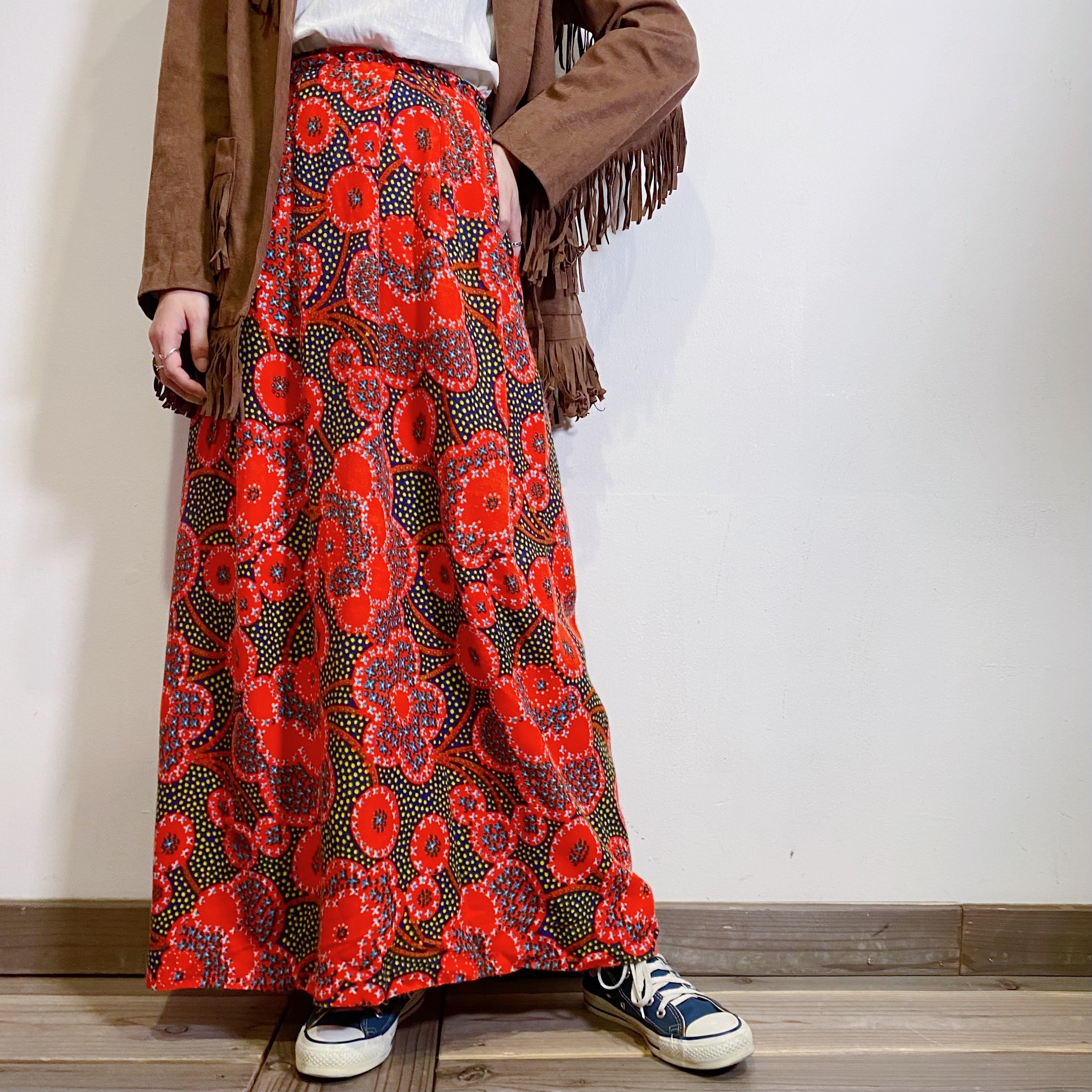 70s red flower motif long skirt LEMON