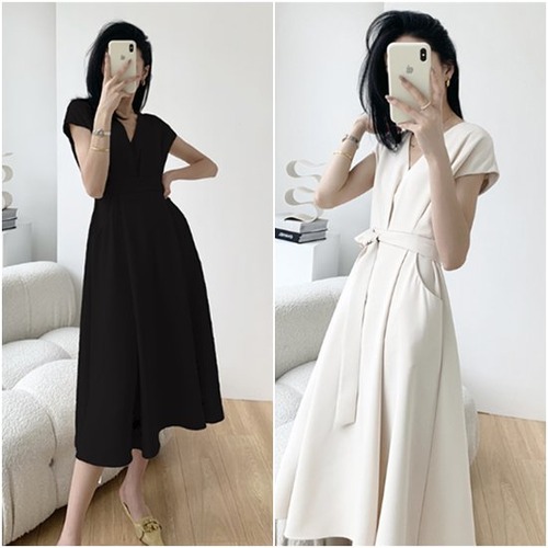 結婚式ドレス ワンピースドレス 小さいサイズ XS Vネック 半袖 ハイウエスト ロングスカート フライングスリーブ 無地 お呼ばれ きれいめ フォーマル Aラインスカート 結婚式 エレガント