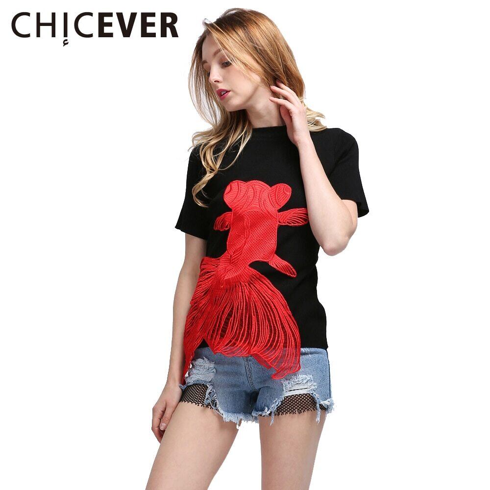 サマートップTシャツ女性刺繡レッドゴールドフィッシュ半袖Oネック女性用Tシャツ服 ショート ハーフスリーブ 刺繍 夏物 6base562178401831
