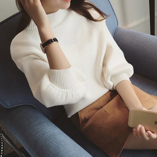 ハイネックニットトップス レディース バルーン袖 七分袖 ニットソー ふんわり ゆったりシルエット ホワイト