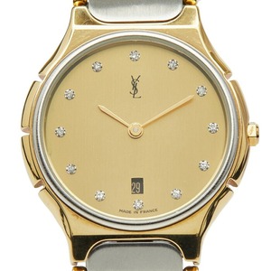イヴ サンローラン 12P ダイヤ 腕時計 クオーツ ゴールド文字盤 ステンレススチール レディース YVES SAINT LAURENT 【中古】