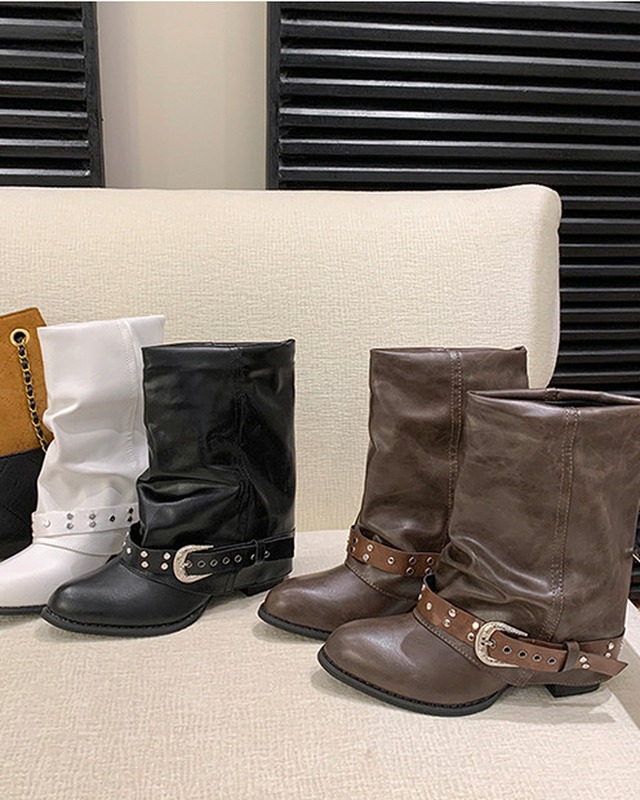 スタッズベルト ルーズシャフト ポインテッド ショートブーツ（3 colors）