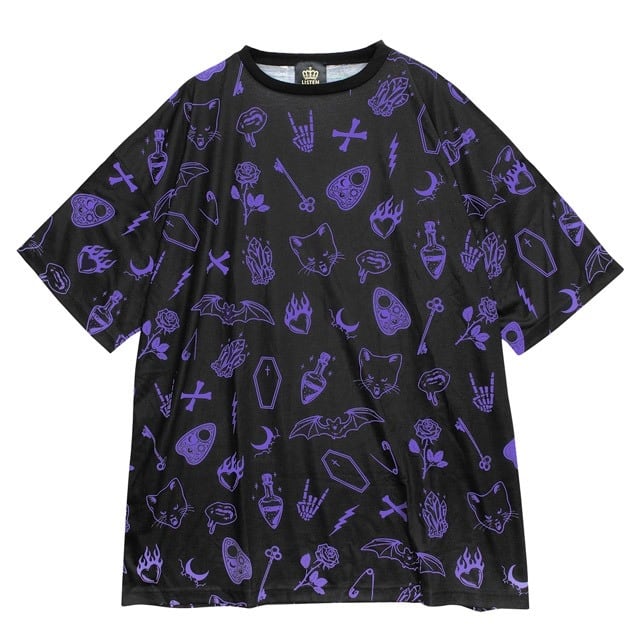【 LISTEN FLAVOR】真夜中の儀式 フルグラフィックBIG Tシャツ【BLACK×PUPLE】  2513525 リッスンフレーバー Tシャツ カットソー アームカバー ストリート サブカル 地雷系  ユニセックス オーバーサイズ