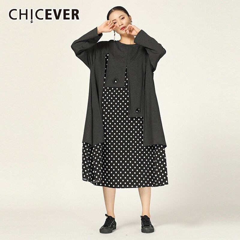 CHICEVERパッチワークヒットカラードットドレスレディースOネック長袖オーバーサイズルーズアシンメトリーミディド​​レス2020 ロング 6base516012672712