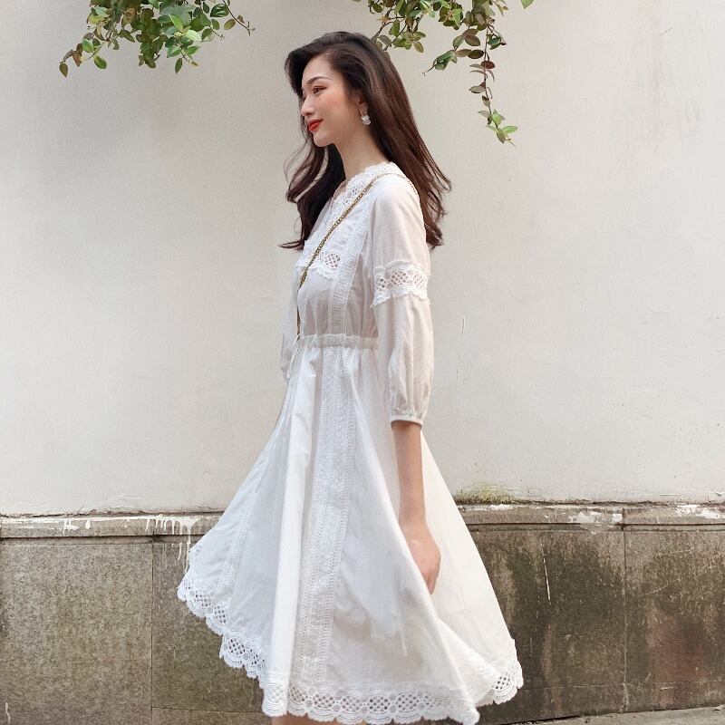 サマードレス ホワイトウェストレースショートスカート 夏物 ハンチェンe21924346626