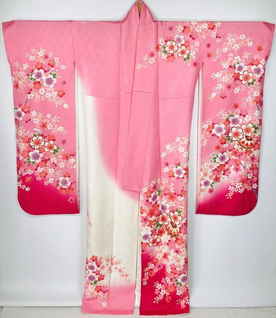 美品 京友禅 刺繍 金彩 振袖 桜 正絹 ピンク 白 紫 033 | kimono Re:和