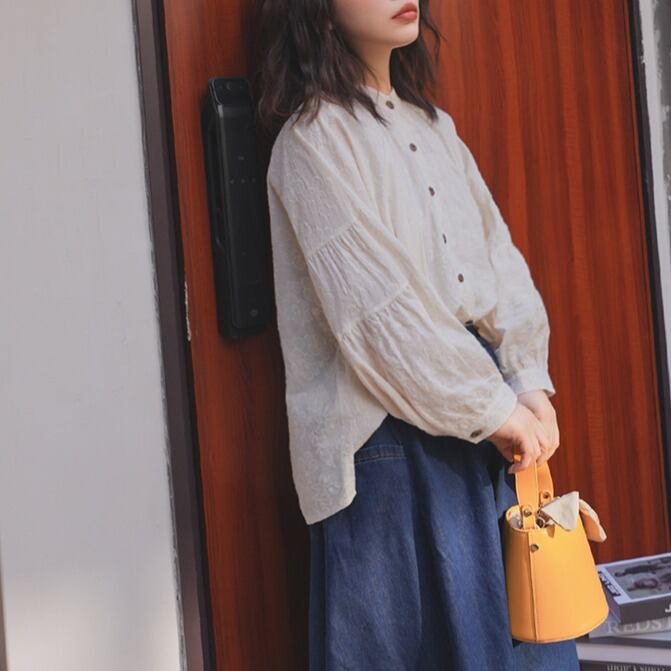 Grande スタンドカラー 花柄刺繍 パフスリーブシャツ 00447