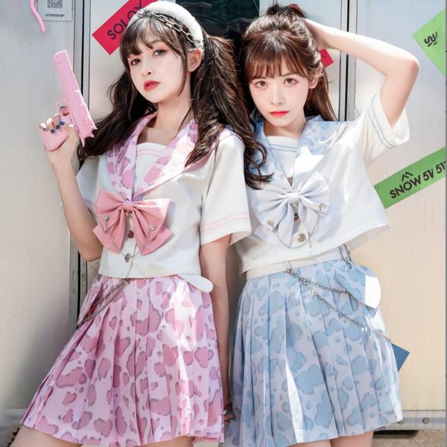 ゴスロリ通販 With U セットアップ セーラー服 半袖 プリーツスカート リボン ガーリー 甘め 原宿ファッション かわいい