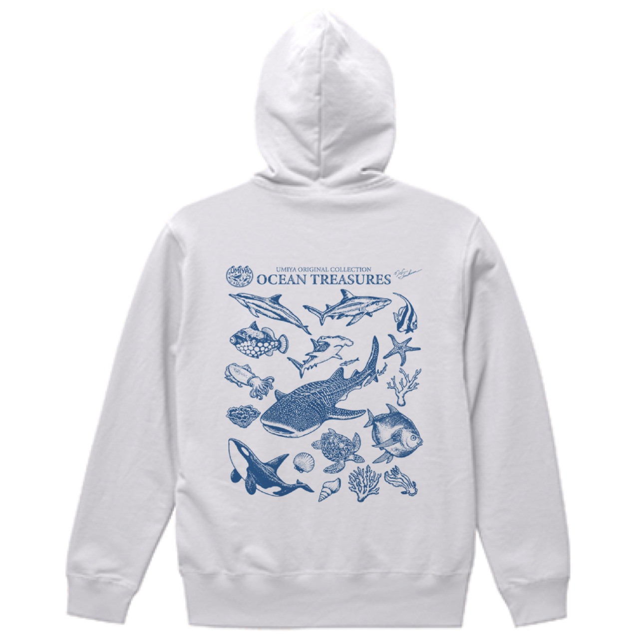 海洋生物ヴィンテージ風フルジップパーカー｜OCEAN TREASURES／Model-01（ホワイト）