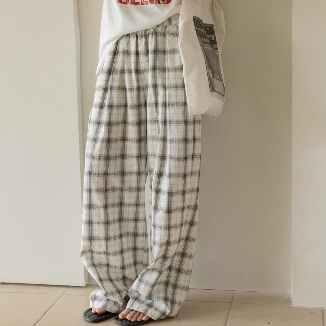 コットンチェックワイドパンツ