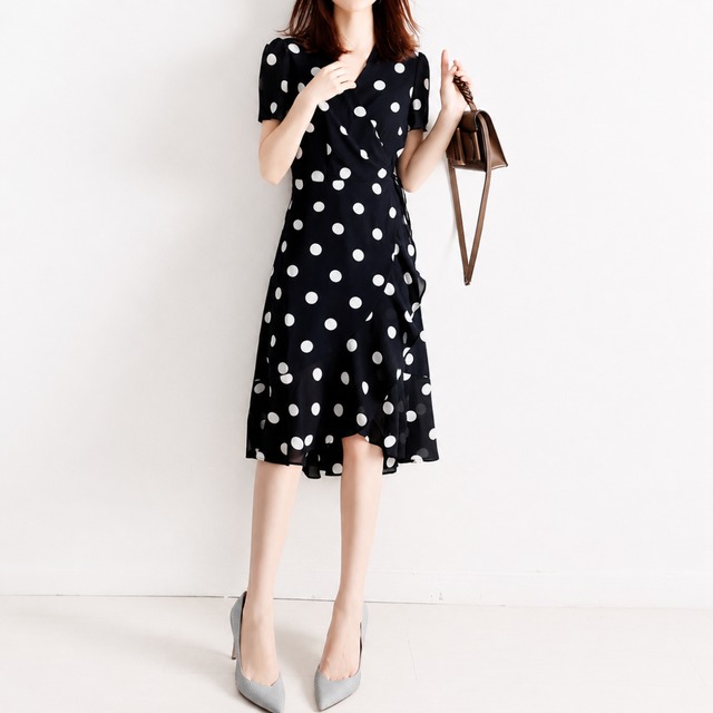 Cross v neck elegant ruffle stitch polka dot dress