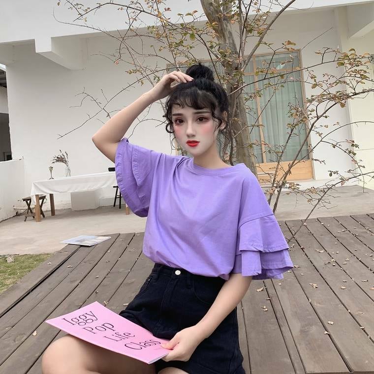 レディース トップス Tシャツ 袖コンシャス フリル袖 ラッパ袖 2段