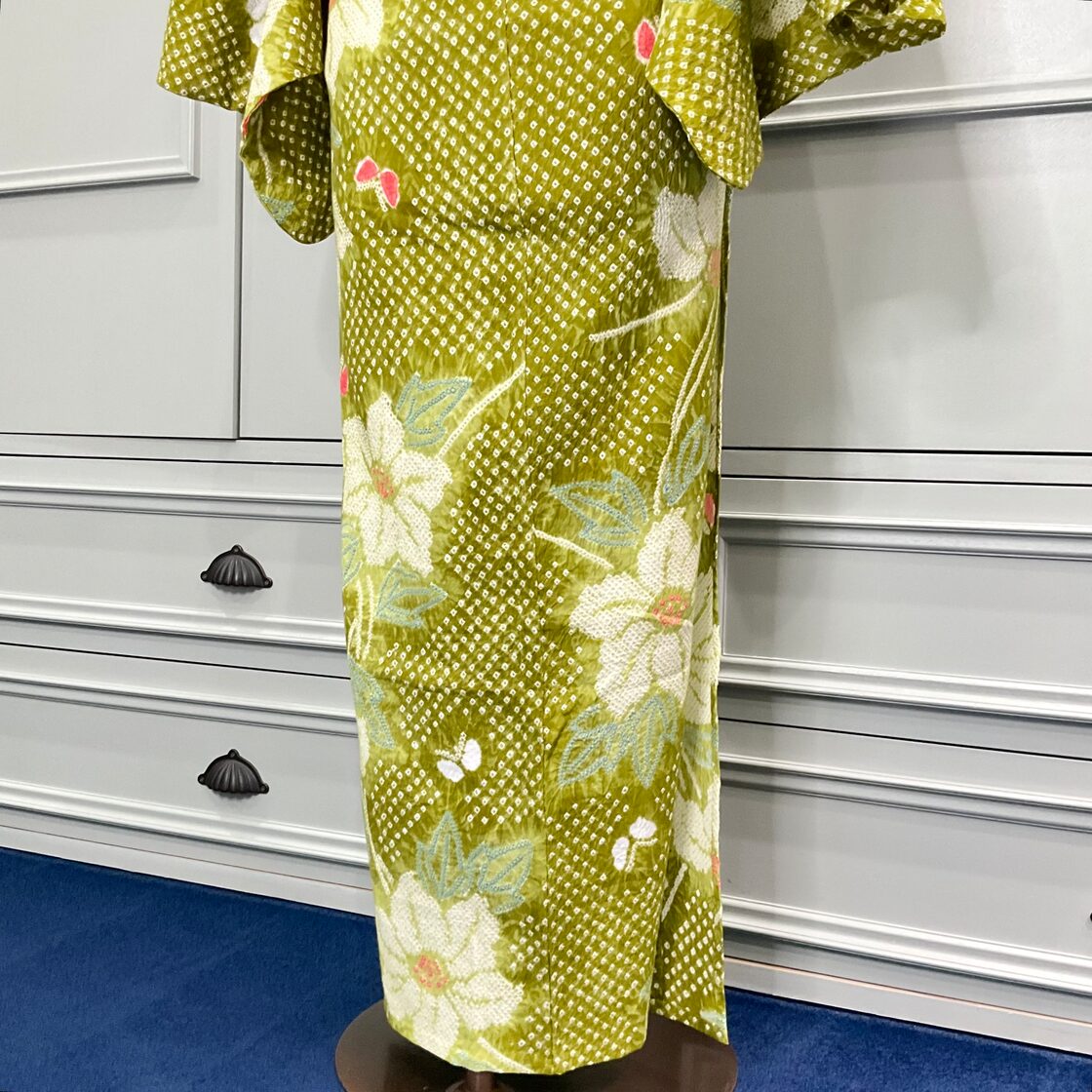 long＊蝶との戯れ＊有松鳴海絞り浴衣 グリーン クレマチス 鉄線 花 